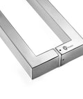 Heavy Duty Commercial Grade 1200mm 48 Inch Stainless Steel 304 Push Pull Door Handle With 1.2mm Thick Wall Square Rectangle Design Mirror Polished Chrome Finish Standoffs And Hex Set Screws For Built To Last Rock Solid Door Hardware, close-up corner view