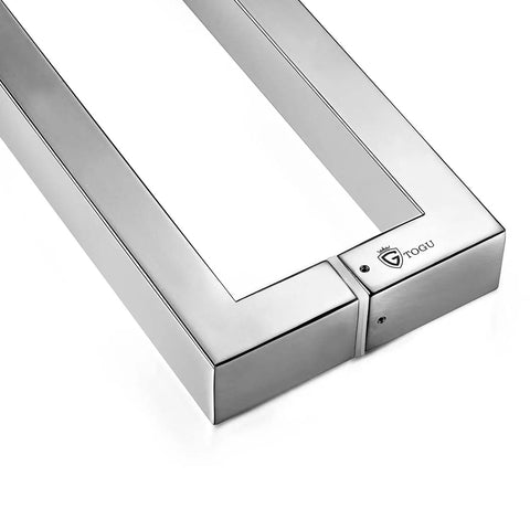 Heavy Duty Commercial Grade 1200mm 48 Inch Stainless Steel 304 Push Pull Door Handle With 1.2mm Thick Wall Square Rectangle Design Mirror Polished Chrome Finish Standoffs And Hex Set Screws For Built To Last Rock Solid Door Hardware, close-up corner view