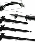 Heavy Duty Wood Fence Gate Hardware Kit With 2 T Strap Hinges, Sliding Gate Latch, 2 Gate Handles, Black Finish, Built To Last, Rust Resistant And Weatherproof, 16 Inch Outdoor Gate Set For Yard Barn Shed, black steel parts with measurements