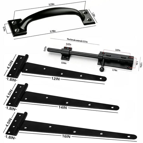 Heavy Duty Wood Fence Gate Hardware Kit With 2 T Strap Hinges, Sliding Gate Latch, 2 Gate Handles, Black Finish, Built To Last, Rust Resistant And Weatherproof, 16 Inch Outdoor Gate Set For Yard Barn Shed, black steel parts with measurements
