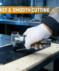 Air Nibbler Pneumatic Metal Cutter 3600 RPM cutting sheet metal, shown in use with gloved hand, in workshop setting
