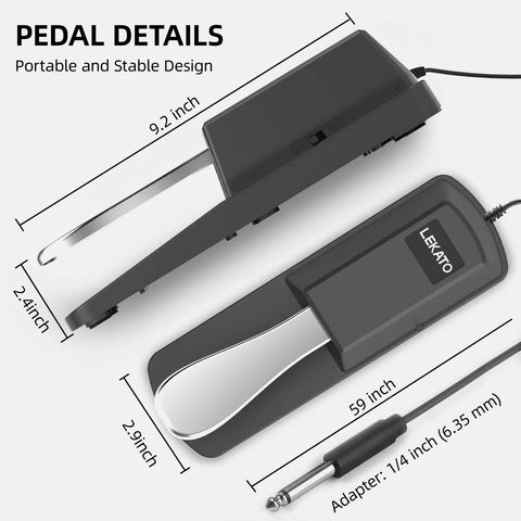 Universal Sustain Pedal For Keyboard With Polarity Switch And Quarter Inch Plug Fits Most Electronic Keyboards And Digital Pianos Durable Chrome Plated Metal Pedal For Slick Pro Level Sustain showing dimensions and 1/4-inch adapter