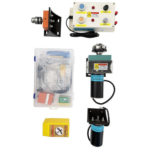 Yokoma Dual Motor Mini Wood Lathe 350W Variable Speed 220V Desktop Machine parts with motors and control panel components.