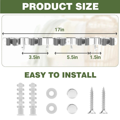 Heavy Duty Stainless Steel Broom Holder Wall Mount With Five Racks And Four Hooks Space Saving Mop Organizer dimensions and installation
