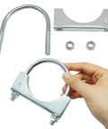 Hand holding 2 Pack 3 Inch U Bolt Muffler Exhaust Clamps For Cars And Trucks, showing beefy heavy duty galvanized iron exhaust clip