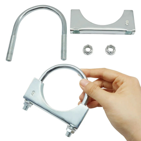 Hand holding 2 Pack 3 Inch U Bolt Muffler Exhaust Clamps For Cars And Trucks, showing beefy heavy duty galvanized iron exhaust clip