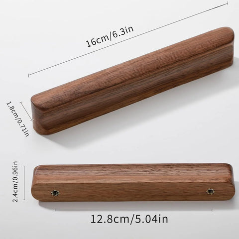 Walnut Wood Drawer Pulls Set Six Pack 5.04 Inch Length With Rounded Edge For Cabinets and Furniture, showing dimensions and design.