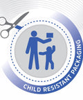 Child resistant packaging icon with adult and child figures and scissors, emphasizing safety features for product usage.