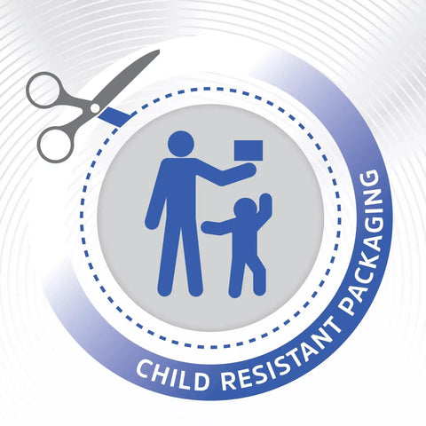 Child resistant packaging icon with adult and child figures and scissors, emphasizing safety features for product usage.