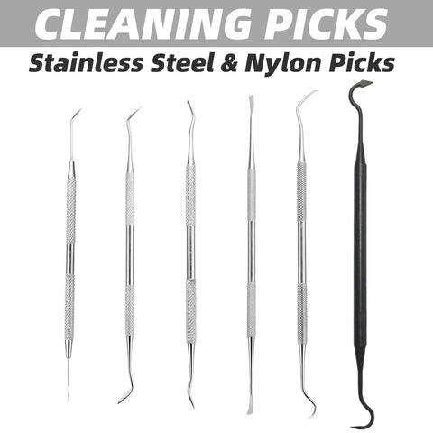 Complete 9-Piece Gun Cleaning Kit with stainless steel and nylon double-ended picks displayed in a row.