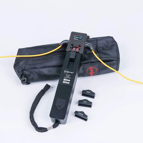 TFI-35 Pro Grade Optical Fiber Identifier With 4 Adapters For Bare Fiber Patch Cords And Ribbon Fiber Live Fiber Detector shown with case
