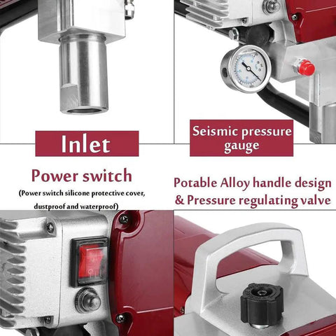 Close-up of the Professional Airless Paint Sprayer Powered By 1800W High Pressure Motor with dial meter and pressure gauge.