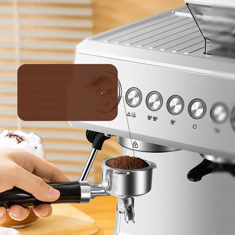 Close-up of Three-In-One Espresso Machine With Built-In Steel Conical Grinder, Auto Brew, and Milk Frother in kitchen setting