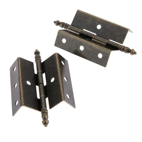 Two Pack Antique Bronze Cabinet Door Crown Hinges for Vintage Jewelry Box or Wooden Chest, 8 holes, 55mm by 51mm, shown in detail
