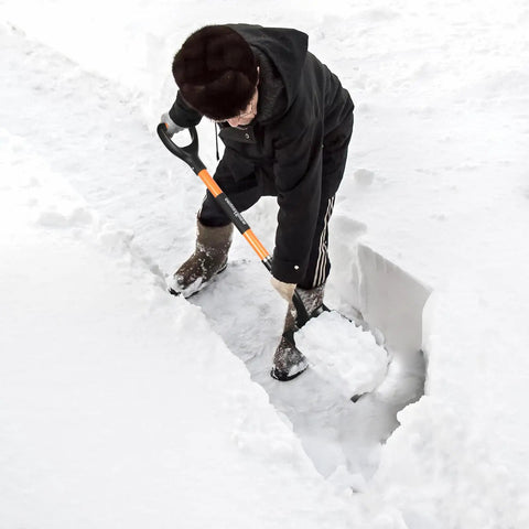 Person using Heavy Duty Flat Shovel Workhorse With 41 Inch Long Durable Handle And Blade For Construction, Landscaping, Gardening, And Snow Removal