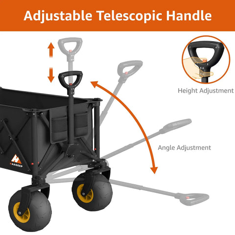 Adjustable telescopic handle of All Terrain Beach Wagon With 10 Inch Inflatable Wheels For Sand And Grass Collapsible Foldable Wagon Cart For Camping.