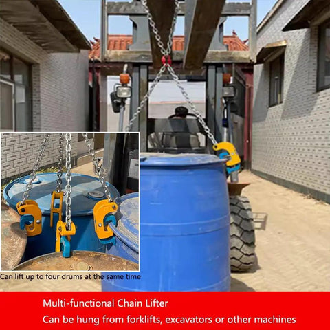 Four Chain Drum Lifter Heavy Duty Clamp Hauls Two Ton Loads Easy Fits Thirty To Fifty Gallon Barrels Dead Set Grip Moves Heavy Barrels Without Breaking A Sweat Quick Rig Up Rock Solid Daily Shop Floor Workhorse Tool