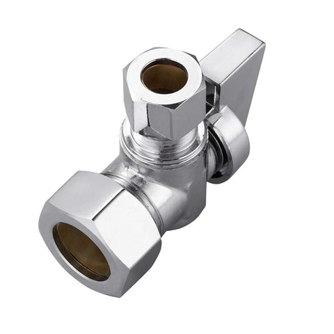 Chrome brass angle stop valve with 1/2 in compression and 5/8 in x 3/8 in OD outlets, quarter-turn shutoff.