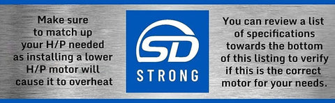 "SD Strong logo with installation warning for blower motor 1/2 HP 1 phase 3 speed 120V 1075 RPM direct drive sleeve bearing 48 frame"