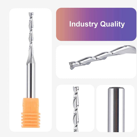 Five Piece Spiral Upcut Router Bit Set With One Eighth Inch Cutting Diameter And One Quarter Inch Shank For Woodworking And CNC Projects, Solid Carbide Bits With One Inch Cutting Length And Three Inch Overall Length For Clean Plunges And Grooves