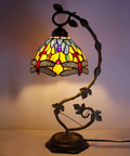 Dragonfly Tiffany Style Table Lamp With Blue And Yellow Stained Glass Shade Bronze Metal Leaf Base 21 Inch Tall 8 Inch Wide Shade