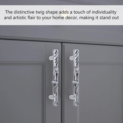 Rustic Branch Cabinet Handle Set Zinc Alloy Twig Pulls for Drawers and Closet Doors on grey cabinet