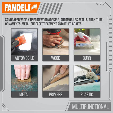 Images showing the use of 60 Grit Multipurpose Sandpaper Sheets 9 By 11 Inches Brown Pack Of 25 on various surfaces like wood, metal, plastic.