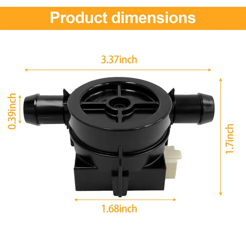 Inlet Flow Meter Replacement for Washing Machine WPW10110225 dimensions 3.37x1.68x1.7 inches shown in black plastic