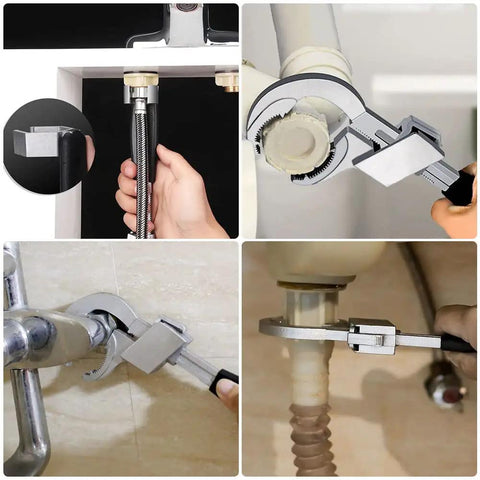 Universal Adjustable Double End Wrench For Quick Home Repairs used on faucet and pipe fittings in tight bathroom spaces.