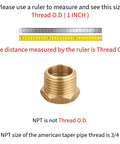 Brass NPT reducer hex bushing, 3/4 in male NPT to 1/2 in female NPT, hex body