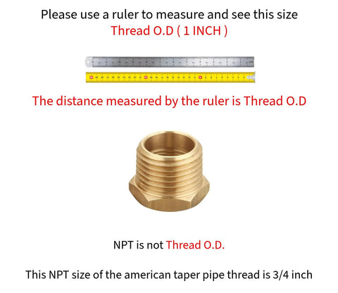 Brass NPT reducer hex bushing, 3/4 in male NPT to 1/2 in female NPT, hex body