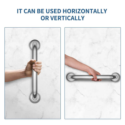 Stainless Steel Shower Grab Bar 2 Pack 24 Inch Bath Grab Handles shown used horizontally and vertically on a wall