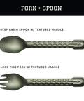 ComplEAT Camping Utensils Set For Outdoor Cooking With Fork Spoon Tongs Spatula And Four Function Multi Tool Ultra Lightweight Backpacking Cookware Kit In Flat Sage featuring deep basin spoon and long tine fork with textured handles.