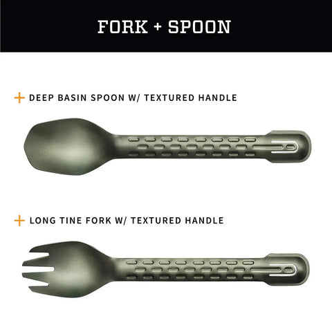 ComplEAT Camping Utensils Set For Outdoor Cooking With Fork Spoon Tongs Spatula And Four Function Multi Tool Ultra Lightweight Backpacking Cookware Kit In Flat Sage featuring deep basin spoon and long tine fork with textured handles.