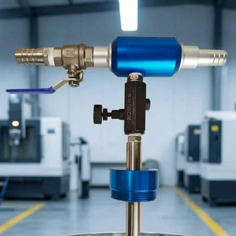 Adjustable Coolant Mixer For Cutting Fluid Dispensing, blue metal control assembly, adjustable valve, CNC workstation background.