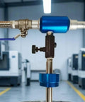 KiBcsLic Automatic Coolant Blending Mixer With Adjustable Inline Design For Cnc Shops And Machine Tools showing blue anodized metal assembly.