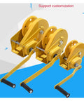 Three yellow hand crank winches with self locking brake, durable steel construction, for home improvement and cargo lifting.