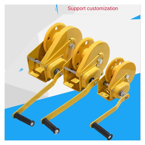 Three yellow hand crank winches with self locking brake, durable steel construction, for home improvement and cargo lifting.