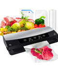 Kitchen Vacuum Sealer That Keeps It Fresh for Dry and Moist Foods with seal bags and rolls, showing sealed meat and vegetables.