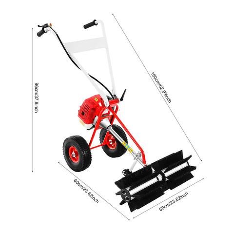 43cc Gas Walk Behind Push Sweeper For Outdoor Debris Cleanup. Features Wide 23 Inch Sweeping Path And Rolling Brush Brooms To Quickly Clear Leaves Grass Litter From Driveways Patios And Large Yards With Reliable Two Stroke Engine Power