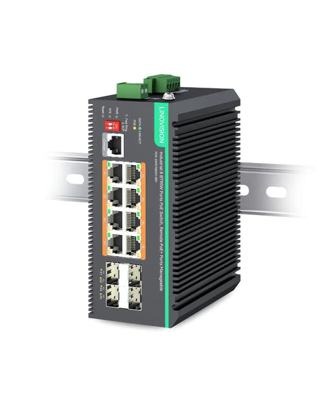 Power Packed 8 Port BT PoE Gigabit Switch With 460W PoE Budget on a rack, featuring PoE++ ports, SFP uplinks, and RJ45 console