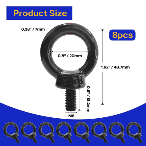 M8 Eye Bolts Eight Pack Beefy Heavy Duty Lifting Eyes Stainless Steel 304 Corrosion Resistant dimensions and size details