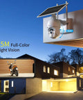 6W Solar Powered Outdoor Security Cam With 2K 3MP Battery mounted on building, showcasing color night vision at night.
