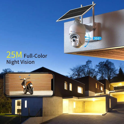 6W Solar Powered Outdoor Security Cam With 2K 3MP Battery mounted on building, showcasing color night vision at night.