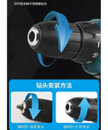 Heavy Duty 12V Rechargeable Drill Set Coupled With A Complete 25 Piece Electric Screwdriver Kit showing a close-up of the drill chuck and bit installation process.