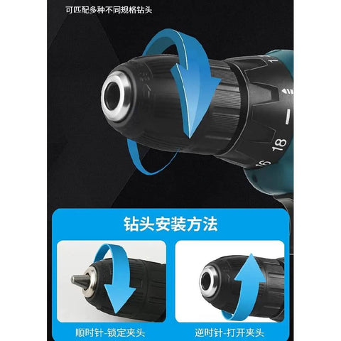 Heavy Duty 12V Rechargeable Drill Set Coupled With A Complete 25 Piece Electric Screwdriver Kit showing a close-up of the drill chuck and bit installation process.