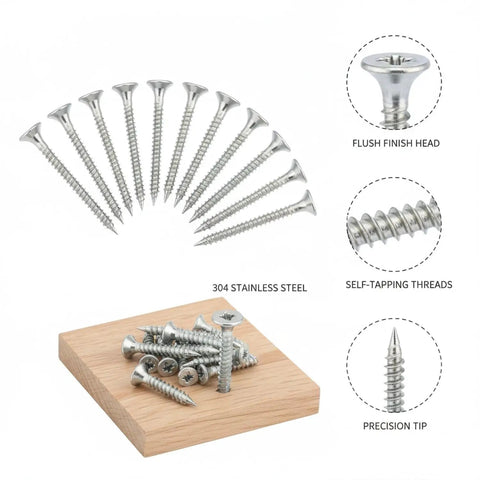 Self Tapping Wood Screws With Countersunk Head In 304 Stainless Steel For Flush Furniture Assembly And Woodworking Projects No Pre Drill Needed Easy Install, arranged in a fan shape with close-up on board.