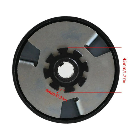 Top Notch Heavy Duty Centrifugal Clutch For Go Kart, 10 Tooth Sprocket With Bolt And Washer Kit, Knockout Steel Build For 65 HP Engines showing top view with dimensions.
