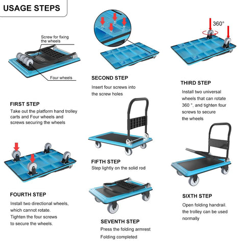 Assembly steps for the Heavy Duty Folding Push Cart Platform Trolley With Reinforced Beams And Four Quiet Thickened Rubber Wheels.