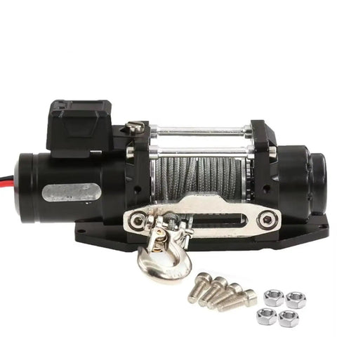Heavy Duty Simulated Metal Electric Winch For Traxxas TRX4 SCX10 Defender D90 D110 RC Crawler Car Parts Upgrade Kit displayed with wire and accessories.